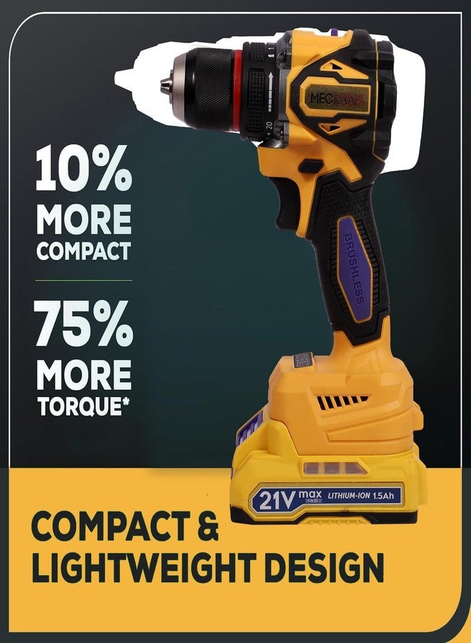 MECRAAF مثقاب لاسلكي بدون فرش من MECRAAF® | طقم مفكات براغي 21 فولت مع بطاريتين 1.5 أمبير/ساعة | عزم دوران 20+1 | ظرف بدون مفتاح 10 مم | أقصى عزم دوران 70 نيوتن متر | سرعتان | مصباح عمل LED | أصفر - Image 5